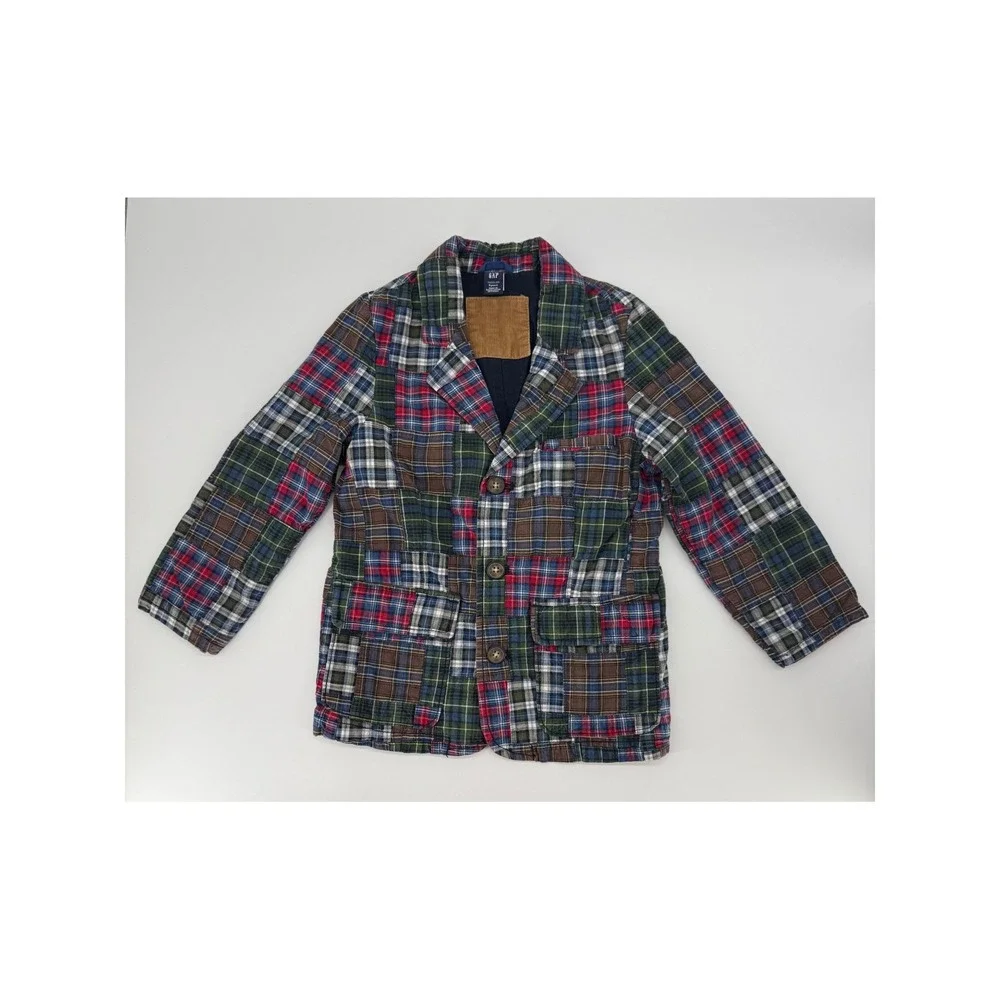 Gap Patchwork Blazer Boys 5T Red Blue Green Plaid Corduroy Elbow Patches Preppy